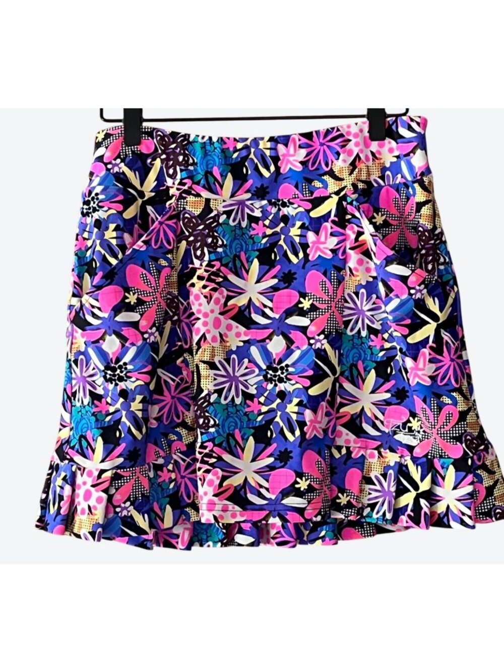 Tzu Tzu Women's Medium Pink Blue Yellow Floral Ruffle Bottom Pull On Skort